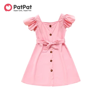 PatPat ילד ילדה מוצק צבע כפתור עיצוב צוואר מרובע רפרוף שרוולים חגור שמלה
