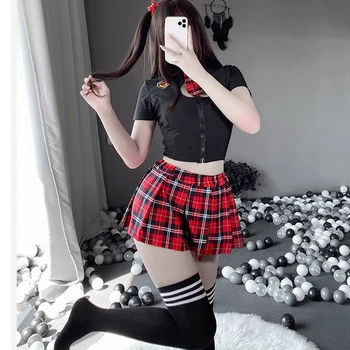 פורנו אחיד הלבשה תחתונה סקסית להגדיר JK Cosplay טארטן יפנית תלמידה רקמה קפלים משחקי תפקידים, תחפושות עם חצאית