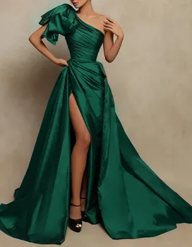 אמרלד גרין שמלות נשף שרוולים כתף אחת סאטן שסף רשמי שמלות ערב בסגנון סלבריטי Vestido De Fiesta נוצ ' ה.