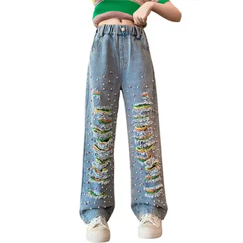 איכות גבוהה נערה הרכש החדש ג ' ינס עם פנינה נקרע חור קיץ אופנה רחב הרגל המכנסיים הספר של הילדים אופנת רחוב מכנסיים