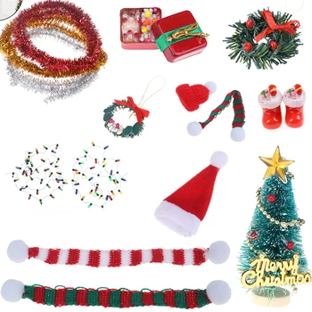 אורות חג המולד קופסאות מתנה דגם עם ממתקים מגפיים עץ זר אורן טיפה כובע סנטה קלאוס עיצוב בית בובות מיניאטורי אביזרים