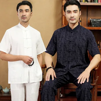 טאנג חליפת גברים הקיץ עם שרוולים קצרים מכנסיים חליפת רטרו בסגנון סיני צלחת הכפתור העליון משוחרר סיני חליפה