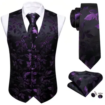 משי יוקרתי לגברים וסט שחור סגול פרח הז ' קט עניבה הנקי חפתים להגדיר עסקית רשמית זכר חליפת ברי וונג