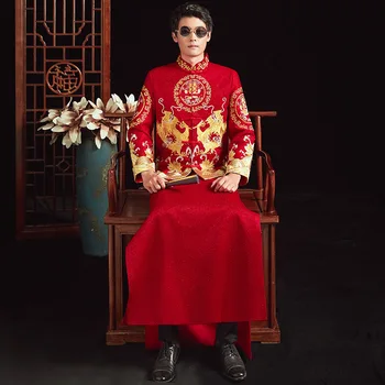 טאנג חליפת גברים דרקון אדום רקמה Cheongsam טוסט תחפושות סינית מסורתית חתונה בסגנון צ ' יפאו