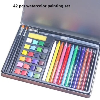 24 צבעים מוצק בצבעי מים לצייר פיגמנט להגדיר נייד תיבת מתכת ,עפרונות צבעוניים Woodless מים מסיסים למתחילים ציור