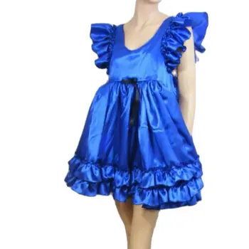 סיסי חצאית קצרה עם עניבת פרפר כחול סאטן צבע בהיר חלקה, סקסית כתף רחבות פלאפי אזיקי שרוולים העוזרת משחק תפקידים.