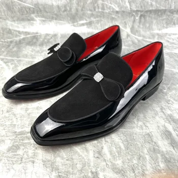 Bowknot עיצוב שחור פטנט עור גברים נעלי אופנה להחליק על גברים נעליים מפואר בסגנון בריטי החתונה המשרד לגברים נעלי שמלה