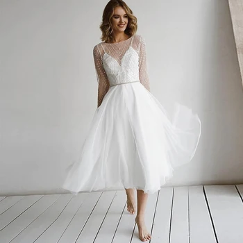 2023 בוהו אלגנטית קצרה שמלות חתונה 2023 ארוך שרוולים חרוזים, לבנות ויפות ציצית ללא משענת אפליקציות צד שמלות חלוק דה Mariee