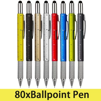80Pcs מתנה עט כלי העט 6 ב1 כלי רב תכליתי עטים עם סרגל, רמה, עטים כדוריים מתנה לגברים