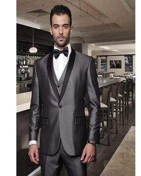אפור מבריק החתן חליפות גברים טוקסידו השושבינים הצעיף דש חתונה ארוחת ערב חליפות שושבין החתן (ז ' קט+מכנסיים+עניבה+אפוד)