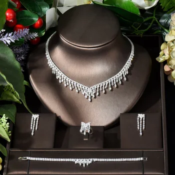 אופנה דובאי CZ אבן ארוך ירידה להשתלשל כלה ציצית עגיל שרשרת מגדיר עבור מסיבת חתונה תכשיטים ואביזרים N-531