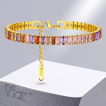 Vnox אבן צבעוניים צמיד לנשים,להתאמה צבע זהב שרשרת פלדת אל-חלד צמיד עם חותמת,מלא AAA מעוקב Zirconia