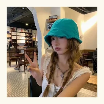 2022 חדש כובעי נשים יפניות מוצק צבע מוברש ציצית דייג קאפ בתחילת הסתיו כל-התאמה דלי כובע קוריאנית אגן כמוסות