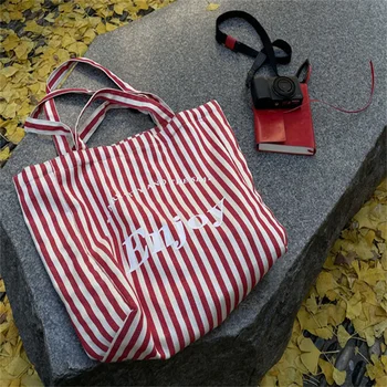 תיקי נשים מעצב אופנה קיבולת גדולה שקיות כותנה עור תיק מכתב מודפס 여성가방 פסים אדום החוף תיקי כתף