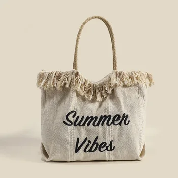 נשים, תיקי כתף חופשת הקיץ סגנון תיק גדול קיבולת בד תיק החוף מכתב הדפסה ציצית לנשים קניות תיק
