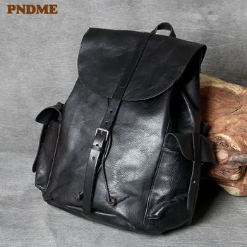PNDME איכות גבוהה עור אמיתי גברים תרמיל וינטג ' anti-theft יוקרה רך עור פרה נסיעות שחור הנייד bagpack לנשים