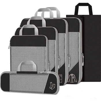 6PCS דחוס אריזה קוביות נסיעות אחסון ארגונית להגדיר עם הנעל שקית רשת חזותית מטען נייד קל משקל המזוודה תיק