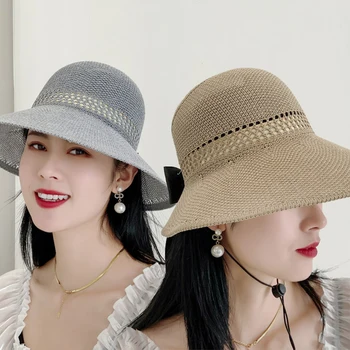 חדש שוליים רחבים, כובעים אופנה נשים קשת Uv מתקפל כובע קש חיצונית רוח החבל בראש חלול Sunhat קוריאנית קיץ החוף קאפ