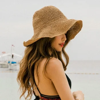 הקיץ מוצק צבע מתקפל כובע קש נשים יציאה קרם הגנה כובע השמש קוריאנית חג החוף כובע כובע Zomer