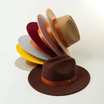 אדום חדש החגורה Fedoras כובע לנשים חיקוי צמר כובעי יוקרה כובע רחב שוליים chapeu פדורה תהיה גבר פנמה 2021autumn חורף כובע