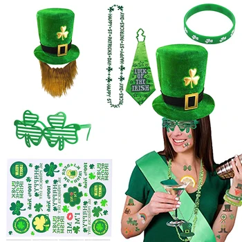 8Pcs/Set יום פטריק הקדוש האירי פסטיבל תחפושות אביזר להגדיר תלתן המגבעת שפמים וצמיד משקפיים שרשרת צד