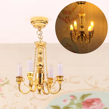 1:12 בית בובות מיניאטורי סימולציה מנורת LED מנורת תקרה נברשת זהב Droplight תאורה הבובות רהיטים דגם תפאורה