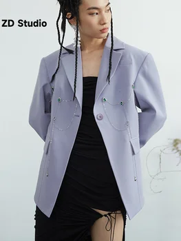 [ZD סטודיו הנשים סגול ריינסטון שרשרת בכיס המעיל החדש דש שרוול ארוך מתאים רופף מעיל אביב סתיו 2023