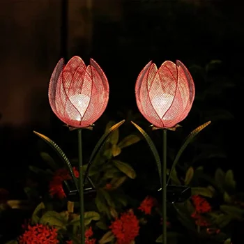 LED אורות השמש 2 חבילת גינה חיצונית מתכת גדולים, טוליפ פרחים דקורטיביים כף המאזניים עבור גינת פטיו בחצר דשא שביל קישוט
