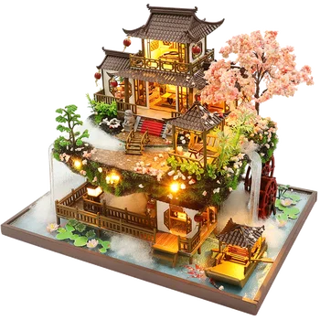 Diy בובת עץ ערכת בית מיניאטורי עם ריהוט סיני וילה לופט קאסה וילה בובות צעצועים גדולים נערה ההולדת מתנה