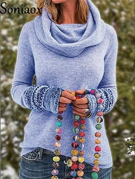 בציר מוצק צבע גבוהה צוואר החולצה נשים מזדמנים רופף ארוך שרוולים סוודר ברדס האופנה הקוריאנית סתיו חורף חם לכל היותר