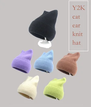 מגמה חדשה יוניסקס אופנת רחוב קאפ נשים סתיו חורף מוצק צבע חם משך למעלה קט חתול האוזן לסרוג החורף חיצונית סטיילינג הכובע