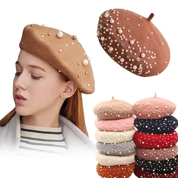 חדשים האופנה החורף חם צרפתית פרל ריינסטון כומתה כובע אלגנטי ביני כובעי מוצק צבע מזדמנים סתיו כובע לנשים ילדה