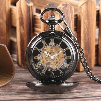 שחור חיוג ספרות רומית גלגל הילוכים מכאני שעון כיס העמודים התיק כיס שעוני יד-רוח מכני יוניסקס שעון מתנה