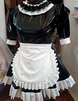 חדש PVC חסין סיסי שמלה שחור לבן עצמאי סינר תחרה באמצע הצוואר פלאפי בועה שרוול העוזרת השמלה התאמה אישית