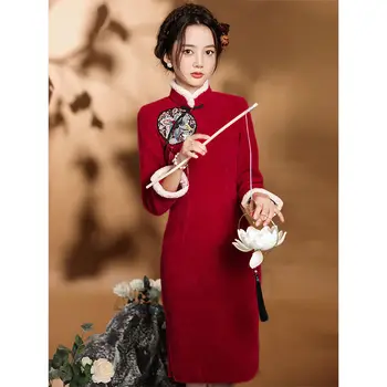 אדום Cheongsam 2022 חדש סתיו ארוך שרוול רטרו משופר בחורף קטיפה מעובה שרוול ארוך חורף סינית מסורתית השמלה