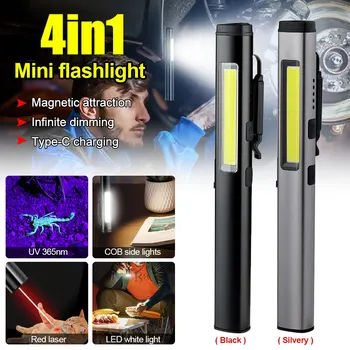 משולבת 4 ב-1 365NM UV פנס Mini USB נטענת עט קליפ פנס סגול בהיר כסף ביקורת קלח עבודה המנורה