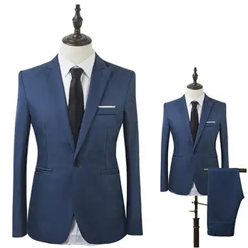 גברים Slim Fit חליפת העסקים כפתור אחד רשמי שני חלקים חליפת עסקים בוטיק שמלת החתונה החתן חליפת מעיל מכנסיים בלייזרס
