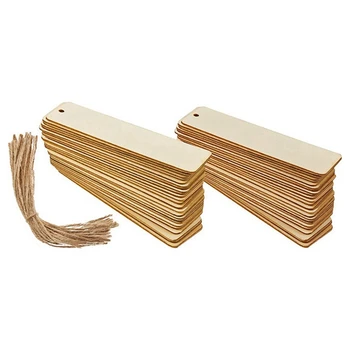 100Pcs עץ DIY סימניה ריק סימניות עם חבלים מעץ הספר סמנים מלבן דק תלוי תג