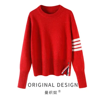 סגנון קוריאני חדש השנה, סוודר אדום האישה החורף שרוול ארוך שרוול חוש עיצוב קטנים נקודות שחפת סרוגים בתחתית החולצה עבה