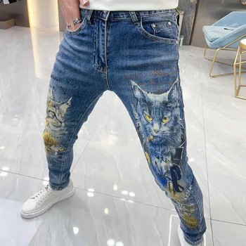 בעלי חיים חתול הדפסה גברים ג 'ין שאיפה 2023 EuropeanJean גברים מותג אופנה אריה ג' ין גבר Erkek קוט Pantolon סלים קטנים רגל המכנס